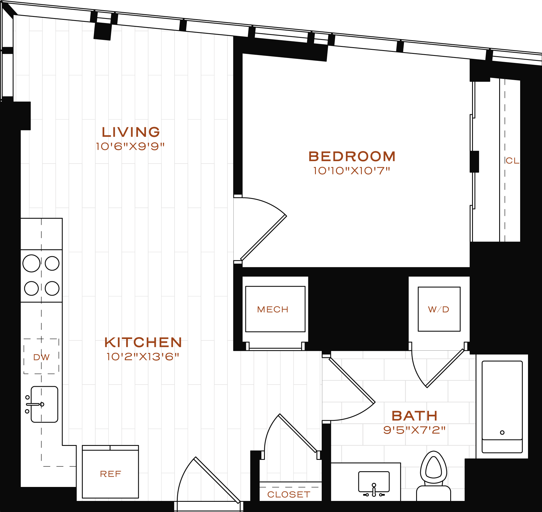 Rendering of the 1 Bed-1 Bath Floor Plan